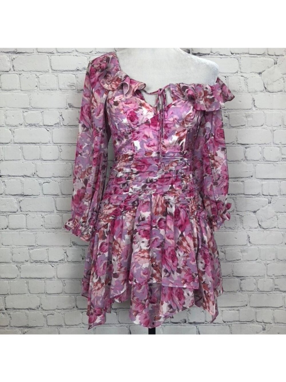 NWT For Love & Lemons Sofia Dress Size XS Pink Purple Floral Ruffle